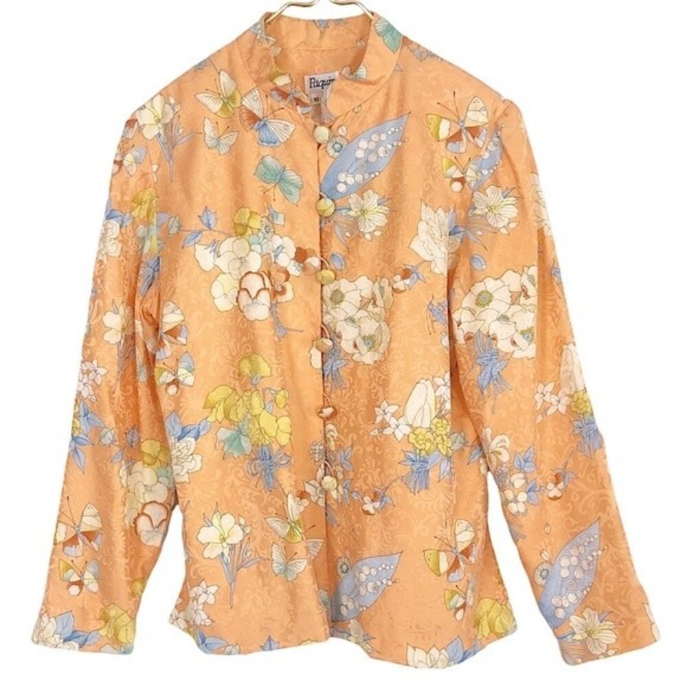 VINTAGE 80s 90s Peach Silk Damask Floral Butterfly Print Asian Long Sleeve